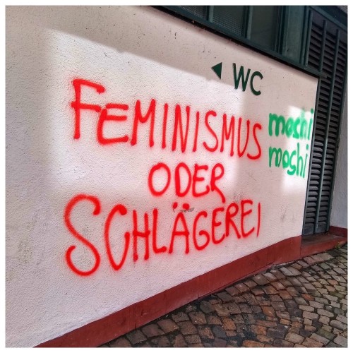 Eine Foto von einer weißen Wand und einem Schild „WC“.
Auf der Wand steht in rot gesprayt „Feminismus oder Schlägerei“ 
Und daneben in grün: 
moshi 
moshi