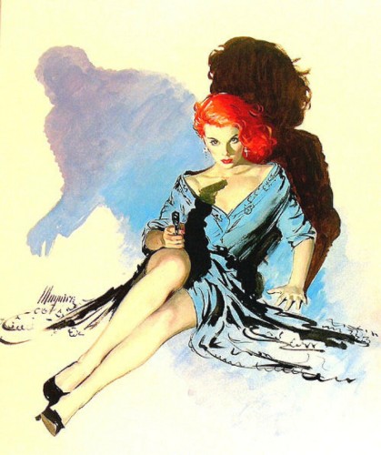 A sultry red-headed woman points a gun as the shadow of a man looms over her. 
