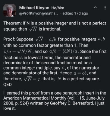 A partial screenshot of a mastodon post. The post shows a mathematical proof with mathematical symbols such as square roots. The full proof is located at https://mathstodon.xyz/@ProfKinyon/112265445821836955