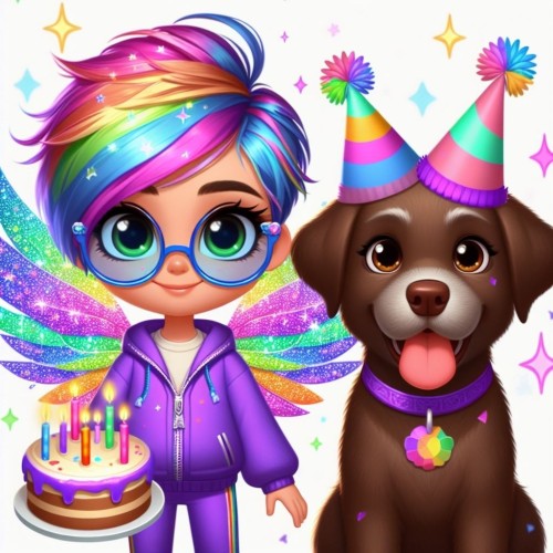 AI image of a Pixy and a chocolate brown Labrador with greying snout and two party hats! The Pixy has a cake. Let's celebrate a birthday!