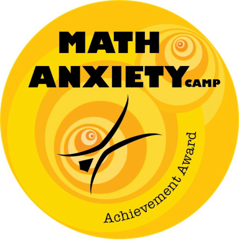 Math Anxiety Camp Achievement Award is a gold circle with swirling circles and a man that looks to be falling into a vortex. 