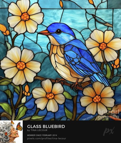 This is an image of a pretty bluebird with daisy flowers that has a stained glass effect. 