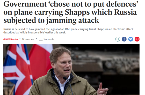 Government ‘chose not to put defences’ on plane carrying Shapps which Russia subjected to jamming attack 

Russia is believed to have jammed the signal of an RAF plane carrying Grant Shapps in an electronic attack described as ‘wildly irresponsible’ earlier this week.