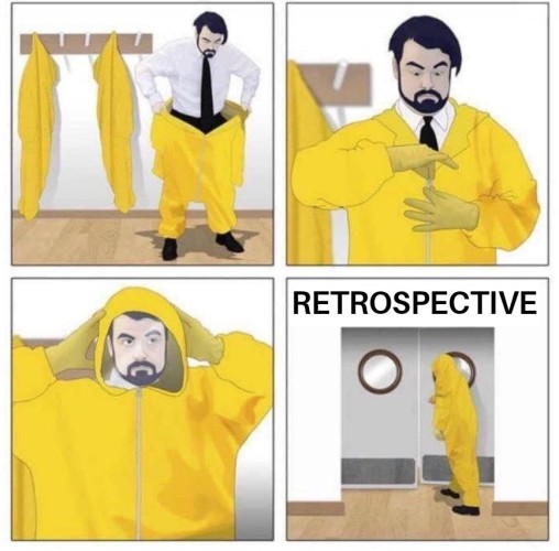 Man suiting up into a hazmat suit and entering a room named "Retrospective" 