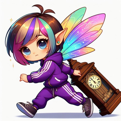 A pixy with short hair with colored streaks in it. She has rainbow colored sparkling wings. She is wearing a purple tracksuit. She's dragging around a grandfather clock.