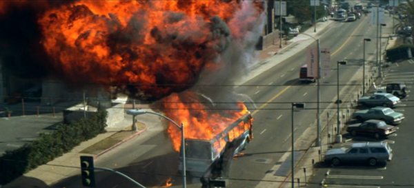 Movie scene showing an exploding bus