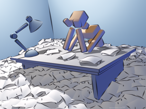 Stylized 3D illustration, showing a semi-abstract figure made of cubical shapes, sitting at a desk in an office filled with paper documents.