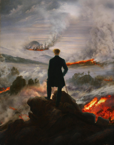 Adapted version of The Wanderer Above the Sea of Fog by Caspar David Friedrich. The adaptation was made by the Last Generation activist group. The original painting shows a man looking at a sea of fog from the top of a hill. The adapted version shows the same painting but with wildfires everywhere and smoke instead of fog.