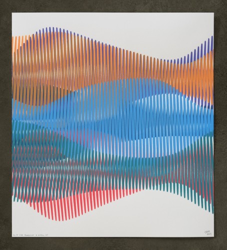An abstract painting produced by a robotic pen plotter using a generative algorithm. Red, orange, blue, violet, and green acrylic ink form wave-like forms on pearl grey paper.