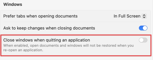 Close windows when quitting an application option in System Settings