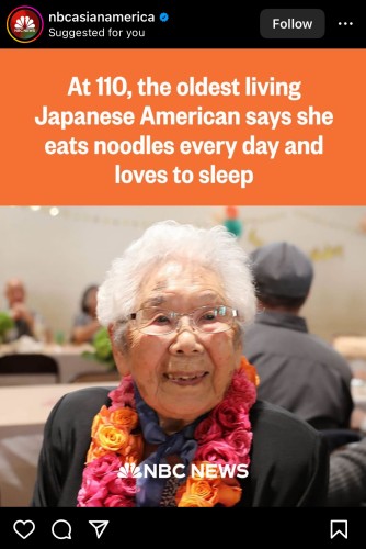 A screenshot of an Instagram ad that says, 110 year old Japanese woman loves to eat noodles and sleep