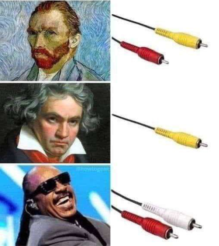 A three-panel meme which shows Van Gogh alongside a composite video and right channel audio cable, Mozart with a composite video cable, and Stevie Wonder with a composite left and right channel audio cable.