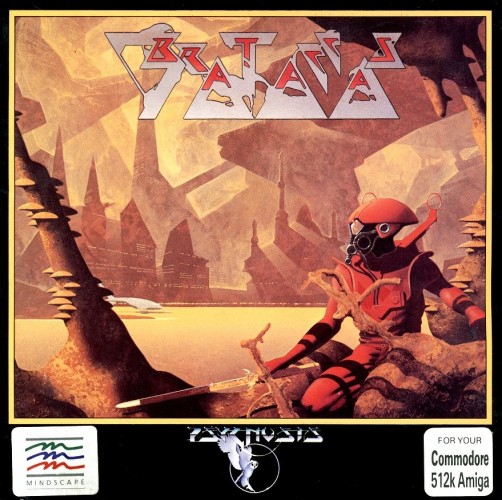 Computer game cover art, fantasy landscape with figure: Brataccas.