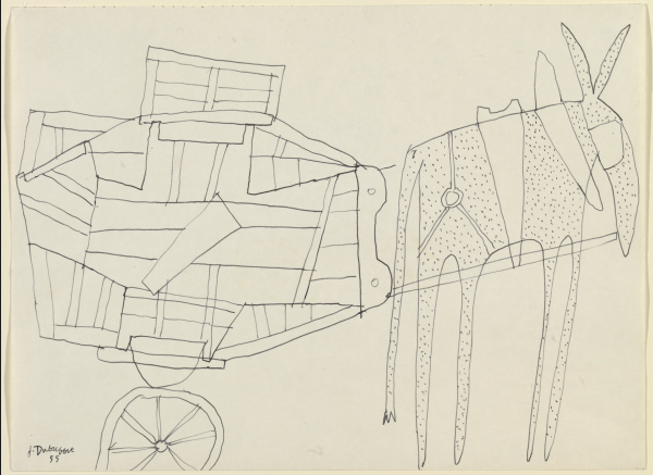 Semi-abstract line drawing of donkey pulling cart piled high
