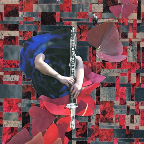 An album cover with a collage of textured red, brown, and gray rectangles; purple, triangular leaves; and a pair of hands playing a bass clarinet