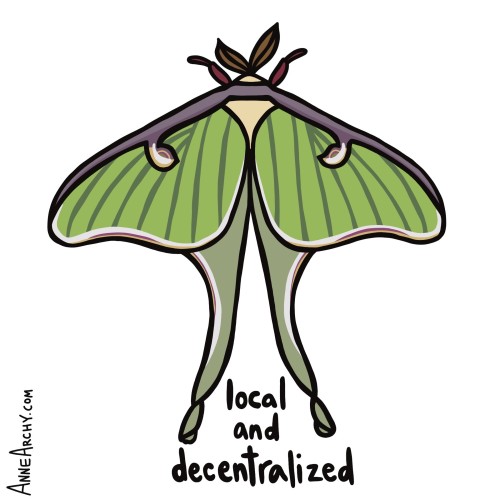 A drawing of a Luna moth with hand lettering of the words, local and decentralized; art by AnneArchy 
