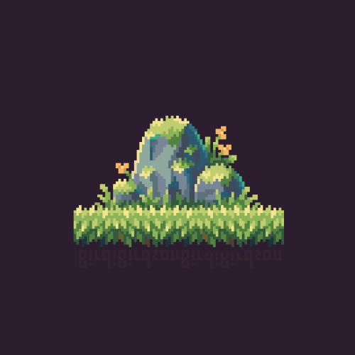 Pixelart rock, 2d side-view, surrounded by tall grass and orange flowers. The top sides are overgrown by moss. 