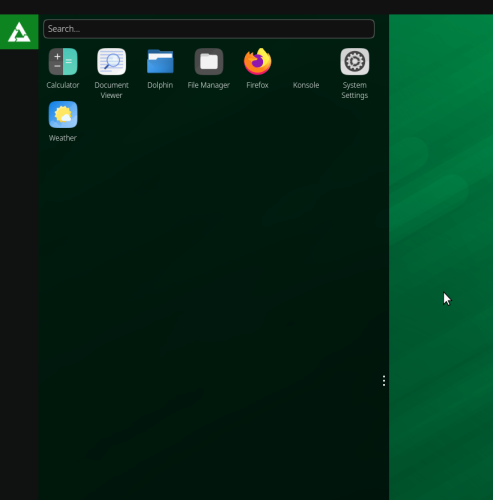 Image of the Lomiri desktop environment with the launcher open. The important part of this image is that the postmarketOS logo replaces the Ubuntu logo and instead of being orange the launcher icon is green.