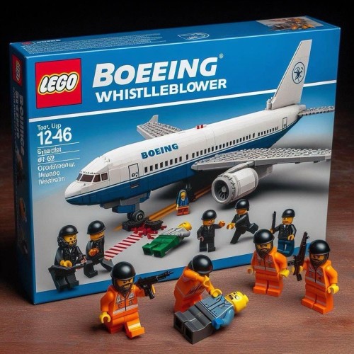 A fake LEGO Boeing Whistleblower set. It shows a LEGO plane bearing the BOEING logo. In front ot it are armed LEGO people and some workers killing a manager. Next to the front wheel of the plane lies a dead manager. Some blood is spilled on the ground.

This image is obviously artificially generated. It contains the usual, though subtle, reality consistence errors.