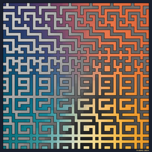 Abstract geometrical art. A  pixelated maze pattern in grays over a orange / blue conic gradient.