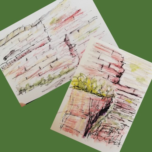Two sketches of part of the sandstone city walls in Chester.