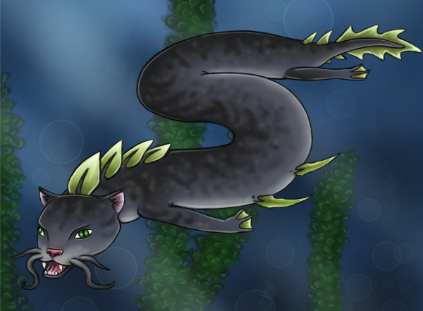 Cartoon style drawing of gray long creature, with snake-like or eel-like body shape. It has cat's head and green eyes, frog-like legs with membranes between fingers and few bright green fins on its sides, back and tails. The creature is swimming underwater, between long water plants.