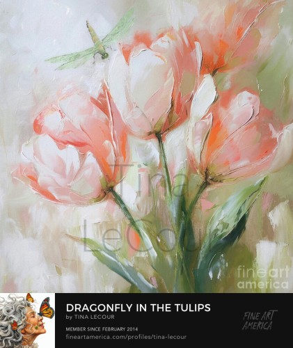 This is a digital painting done with Corel Painter of dragonfly hovering over some pretty peach tulips flowers on a white background. 