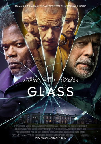 Poster art for Glass.

The frame is segmented as if it was a mirror with cracks radiating out from a mid-point. In 3 of the segments at the top are 3 versions of the same single man. In the fractures on the left and right are 2 other men, one in a purple jacket and the other in a green poncho.

In the lowest segments, there's a large (wide) building that could be an old hospital or something.