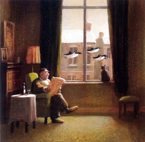 Painting of a man sitting in his flat on an armchair, reading his newspaper.

A cat sits at the window, looking outside, seeing three penguins flying by.