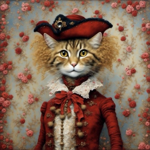 KI-Bild (NightCafe):

Die Kaffeekatze in einem schmucken Piratinnen-Kostüm. Rotes Jäckchen und Hütchen und weiße Rüschenbluse. Und das Fell frisch geföhnt. 🤭 Das Katz steht vor einer Tapete mit roten und rosa Blümchen.

