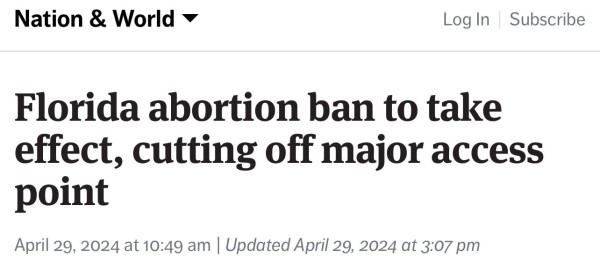 Headline Florida abortion ban to take effect, cutting off major access point

Remember that Trump stooge who slipped abortion pills into his mistresses drink then got away with it? We’re gonna see some shenanigans