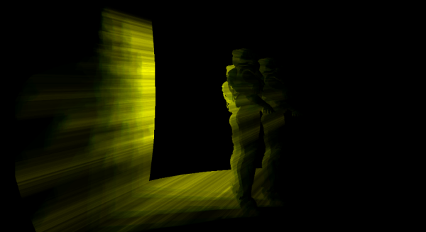 A screenshot of my game engine showing the side view of the shadow volume from 3 characters being cast on a floor and side.
The volume is masked by the light radius, making the pixel far away black.