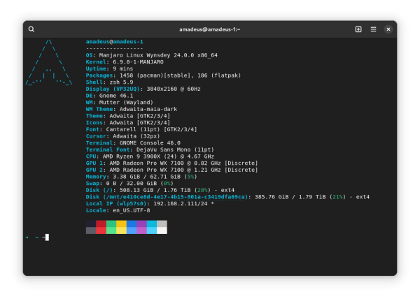 fastfetch showing the Arch Linux logo on my Manjaro workstation