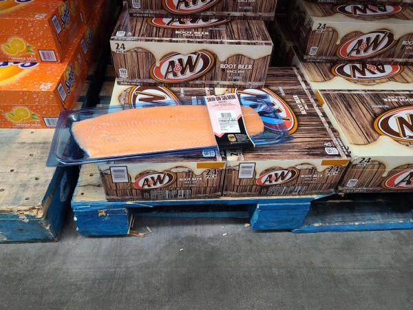 Photograph of a sealed package of salmon sitting on top of a pallet covered in stacks of 24-packs of A&W Root Beer cans. To the left is another pallet partially seen covered in boxes of 24-packs of Sunkist cans.