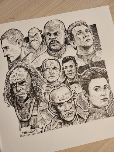 Ink drawing of several ds9 characters.
