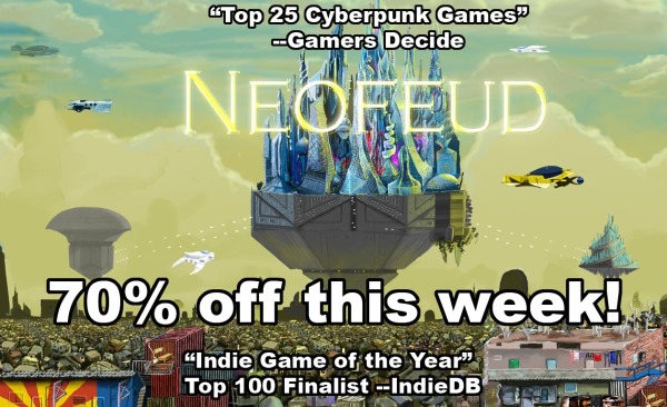 Neofeud title screen with floating castle above slum 'Neofeud is 70% off'