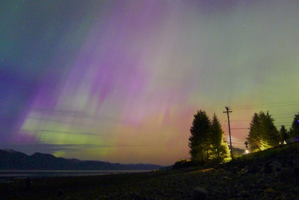 yet another aurora pic this one has trees in the foreground lit by a streetlight and the mountains in the distance, purple yellow and green streaks