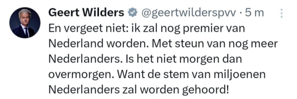 Wilders geeft aan dat hij in de toekomst toch nog premier wil worden.
