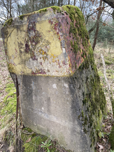 An old concrete pylon covered in moss. 