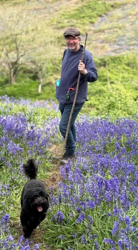 A greying man, with salt and pepper beard, tries to hide his hair colour with a brown flat cap. Leaning on a Hazel stick among a carpet of bluebells. A black fluffy cockapoo races into camera bottom left.