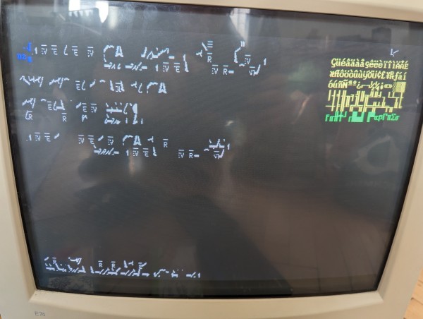 Garbled POST screen on a CRT.