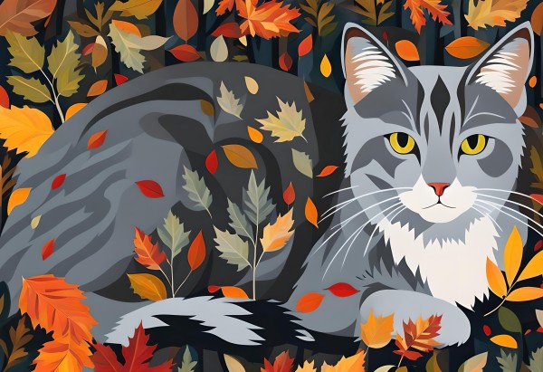 Grey tabby cat playing in the autumn leaves