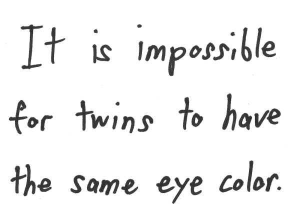 It is impossible for twins to have the same eye color.