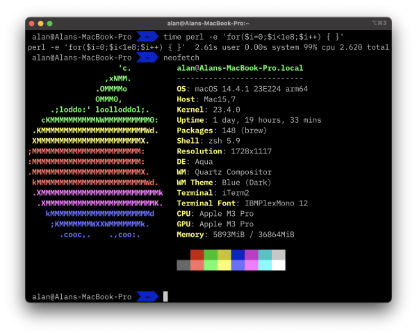 A screenshot of a terminal running "Hugo's random benchmark" (basically use perl to count to a high number) and time it. 2.61s. The full output is:

$ time perl -e 'for($i=0;$i<1e8;$i++) { }'
perl -e 'for($i=0;$i<1e8;$i++) { }'  2.61s user 0.00s system 99% cpu 2.620 total

(followed by the output of neofetch (RIP in Peace)