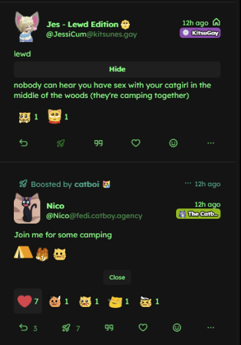 A post saying "nobody can hear you have sex with your catgirl in the middle of the woods (they're camping together)". Immediately under that is a post of some emojis with the caption "Join me for some camping"