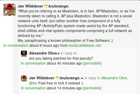 The current top post on gnusocial.net is a joke about mastodon parodying a know trope about GNU/Linux.