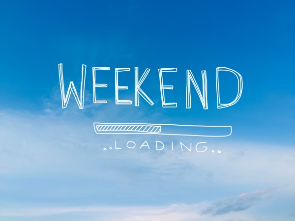 cartoon meme of the words 
WEEKEND.... LOADING...  with a loader bar on a blue sky background
