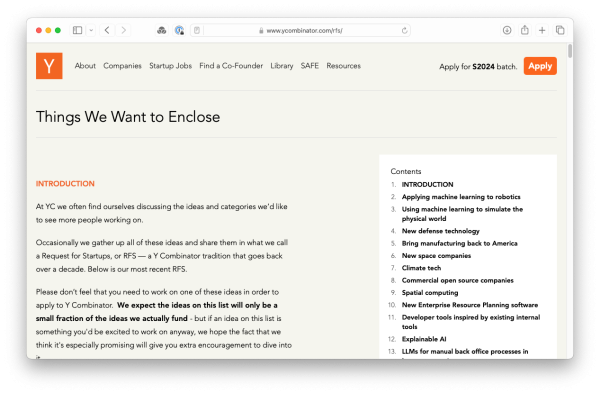 edited screenshot of y combinator’s request for startups page to read “Things We Want to Enclose”