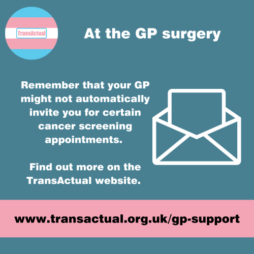 (Accessibility: Blue background with an icon of a letter being opened. Text: At the GP surgery: "Remember that your GP might not automatically invite you for certain cancer screening appointments. Find out more on the TransActual website.)