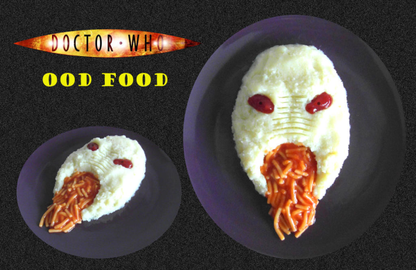Food art. Mashed potatoes, ketchup, and spaghetti arranged to look like an Ood from Doctor Who.